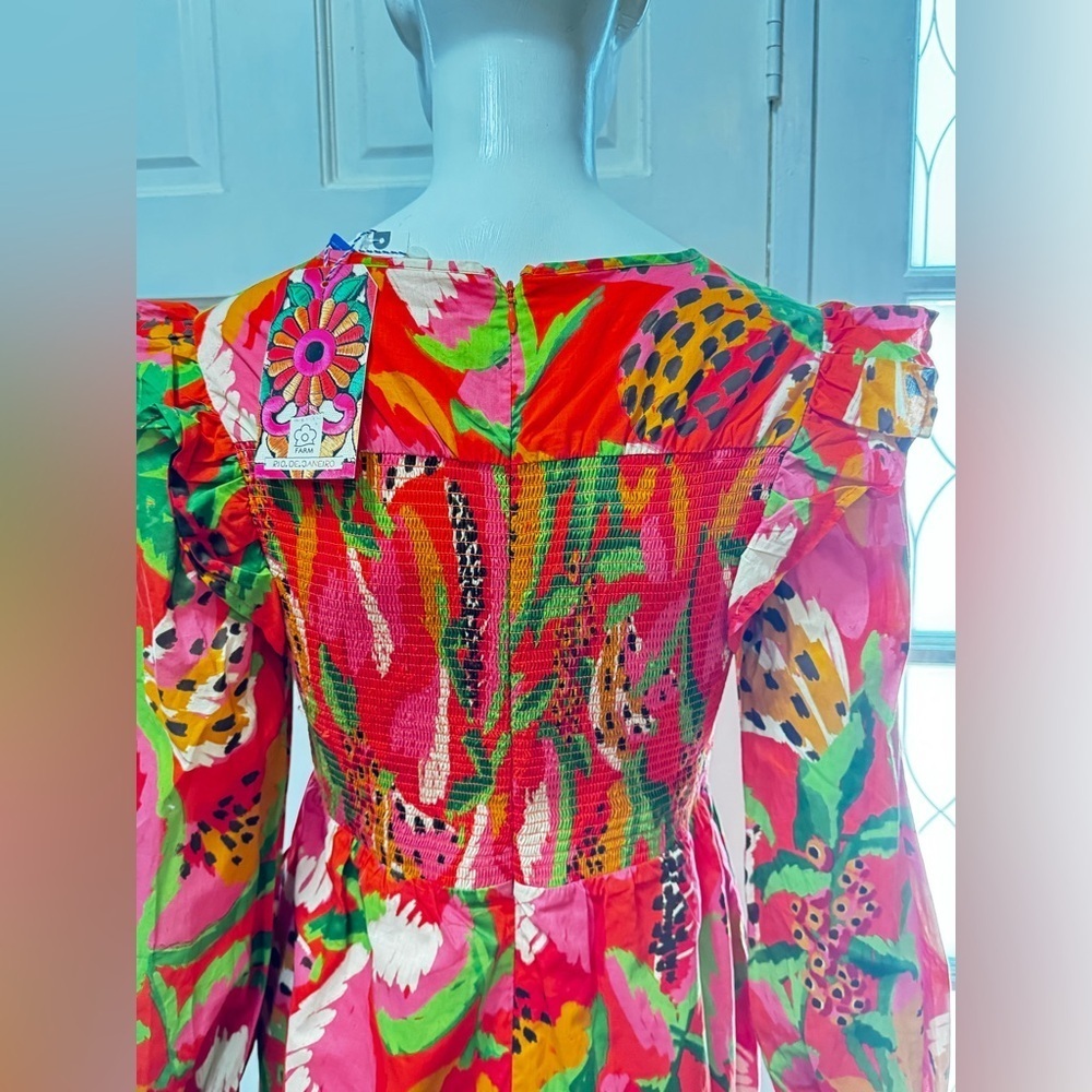 FARM RIO Tropical Ruffle Sleeve Romper Women Small Smocked Red Motif V-neck NWT - Picture 10 of 16